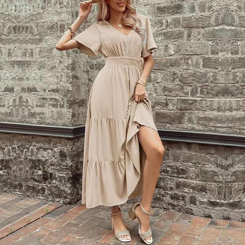 Elegant Summer V Neck Ruffled Hem Dress Slim Fit Solid Color Versatile Style Perfect for Casual