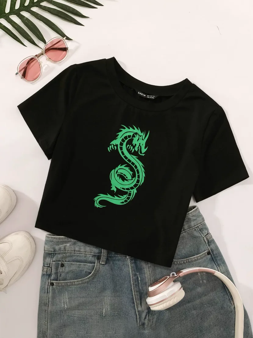 Fashionable Womens Hip Hop T Shirt Unique Dragon Print Short Sleeve Casual Style Wholesale Avail