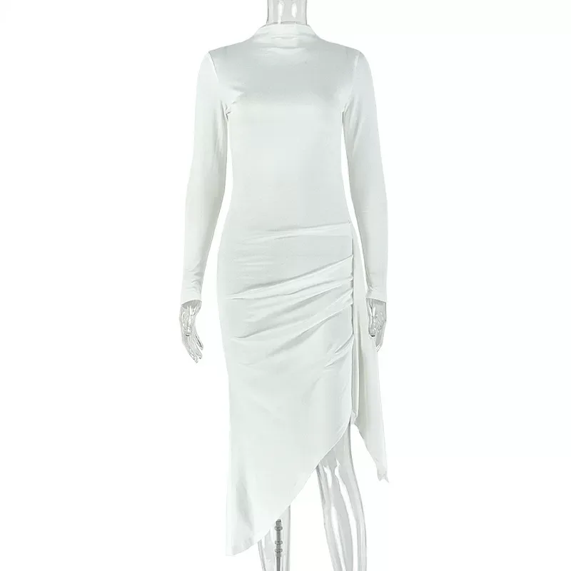 Slim Fit Solid Color Midi Dress for Women Elegant Style Ruffled Details Round Neck Long Sleeve P