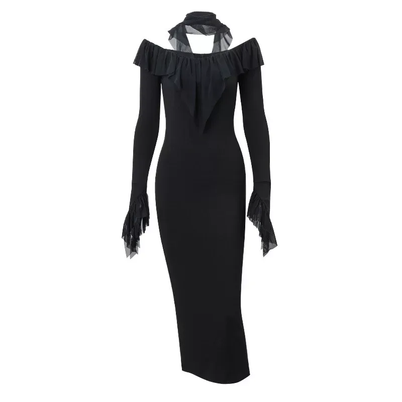 Elegant Long Sleeve Bodycon Dress Off Shoulder Design Fringe Detail High Waist Flared Sleeves Pe