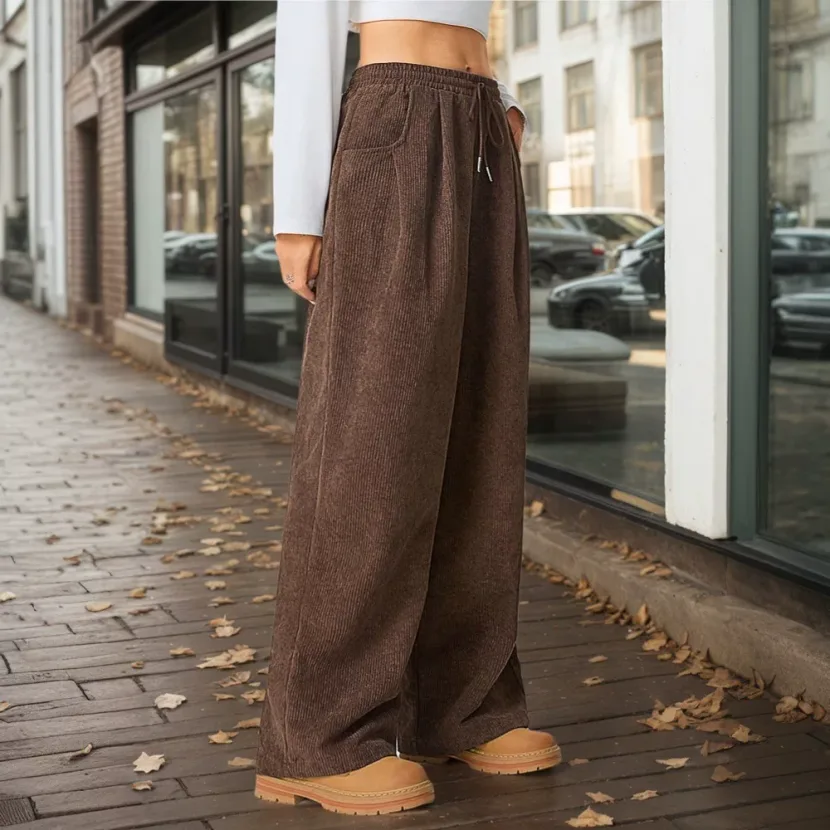 Womens Summer Wide Leg Trousers Stretchy Wrinkle Free Elastic Waist Casual Street Style Wholesal