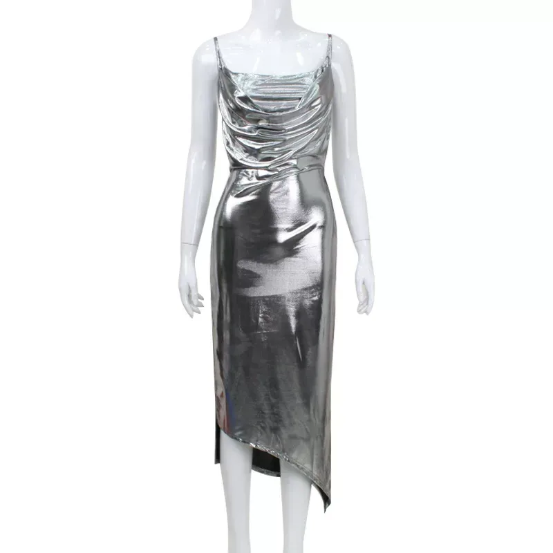 Sexy Backless Spaghetti Strap Maxi Dress Gold Foil Detail High Slit Elegant Fit Perfect for Part