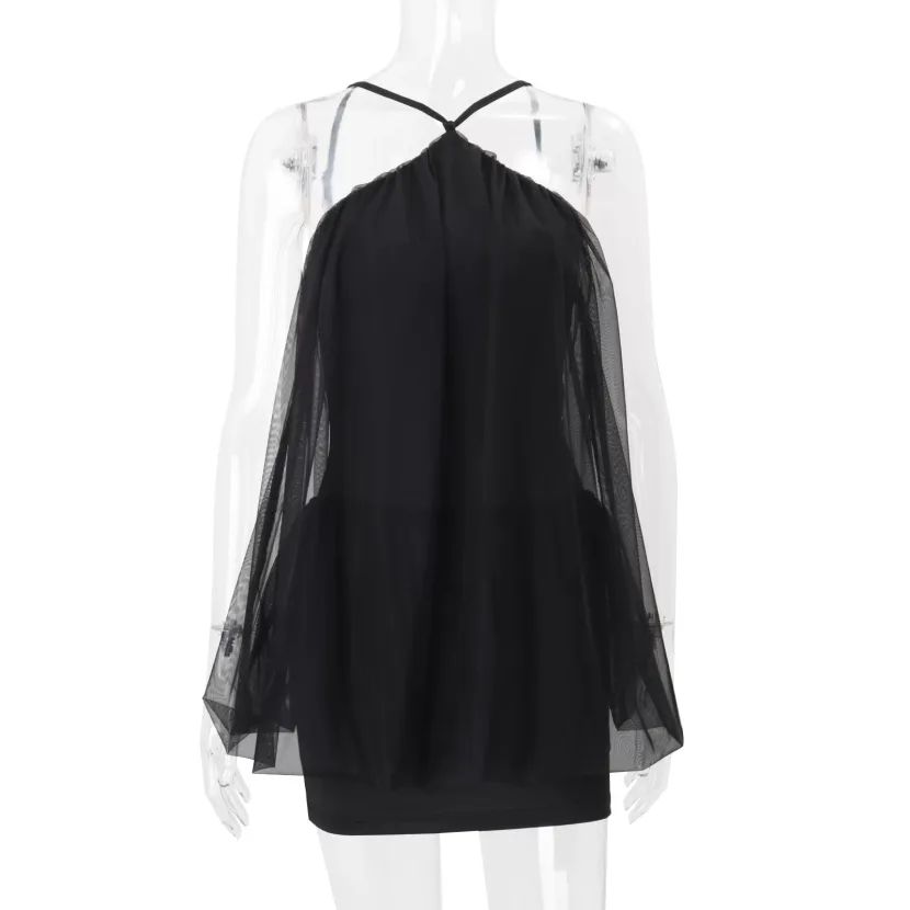 Off Shoulder Bodycon Dress with Mesh Inserts and Halter Neckline for Summer Events in Black and White Wholesale