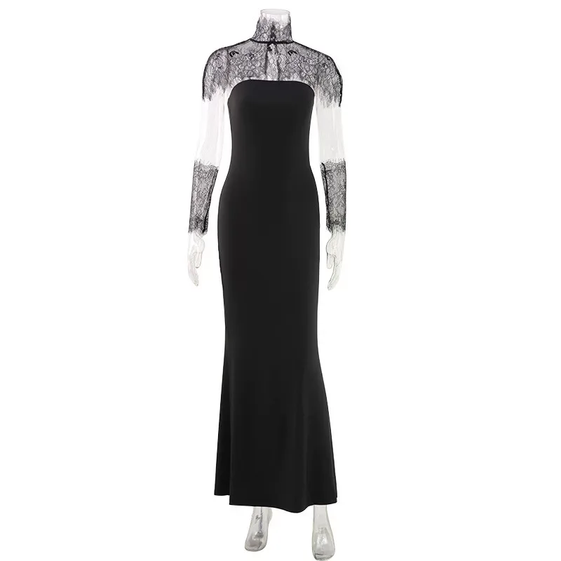 Lace Evening Gown Sleeveless Strapless Elegant Solid Color with Lace Sleeves Perfect for Formal
