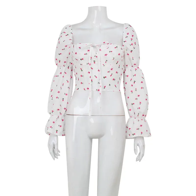 Womens Floral Crop Top Fresh Sweet French Style Puff Sleeves Square Neck Tie Detail Perfect for