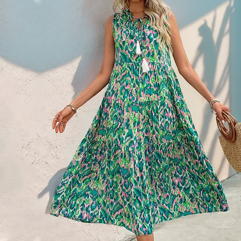 Abstract Print Midi Dress Summer Style Beach Vacation Ready Comfortable Fabric Trendy Design Who