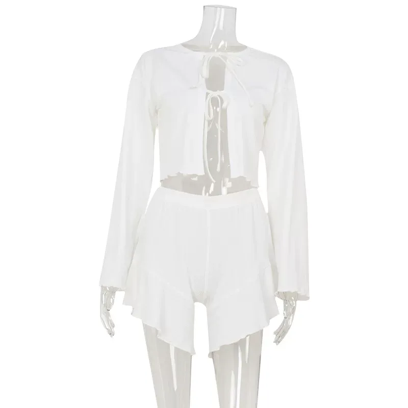 Summer Casual Two Piece Set Loose Fit Cardigan Top with Drawstring and Shorts Comfortable Home W