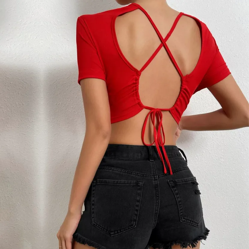 Summer Womens Short Sleeve T Shirt Sexy Backless Design Cropped Length Lightweight Fabric Casual