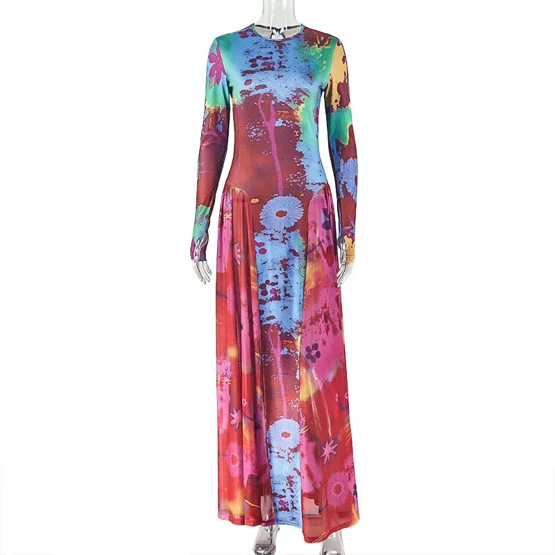 Vintage Floral Print A Line Dress Pleated Waist Defined Long Sleeve Round Neck Casual Wear Whole