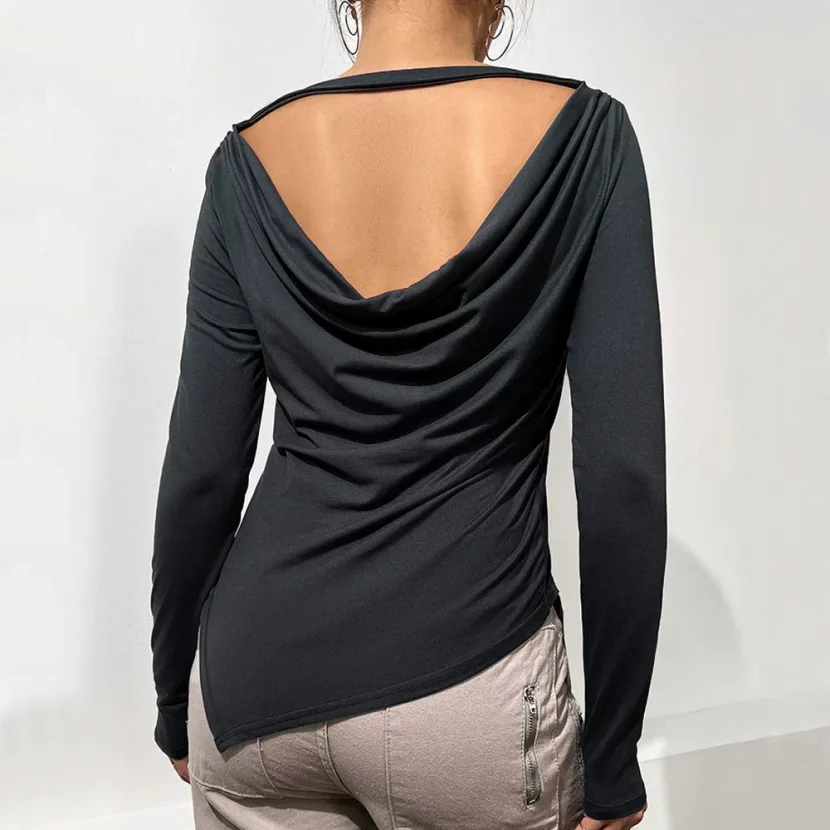 Womens Long Sleeve Solid Color Top Slim Fit Irregular Split Design Spring Summer Casual Wear Who