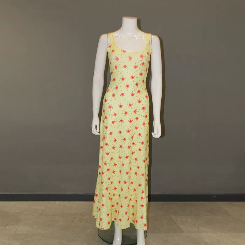 Summer Floral Print Maxi Dress Sweet Fresh Spaghetti Strap Mermaid Hem Milk Silk Fabric Beachwea