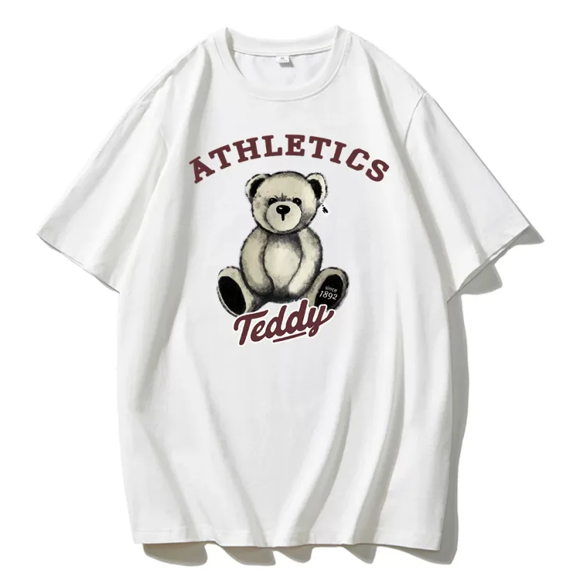Womens Summer Loose Fit T Shirt Cute Bear Print Round Neck Short Sleeve 100 Cotton Casual Wear W
