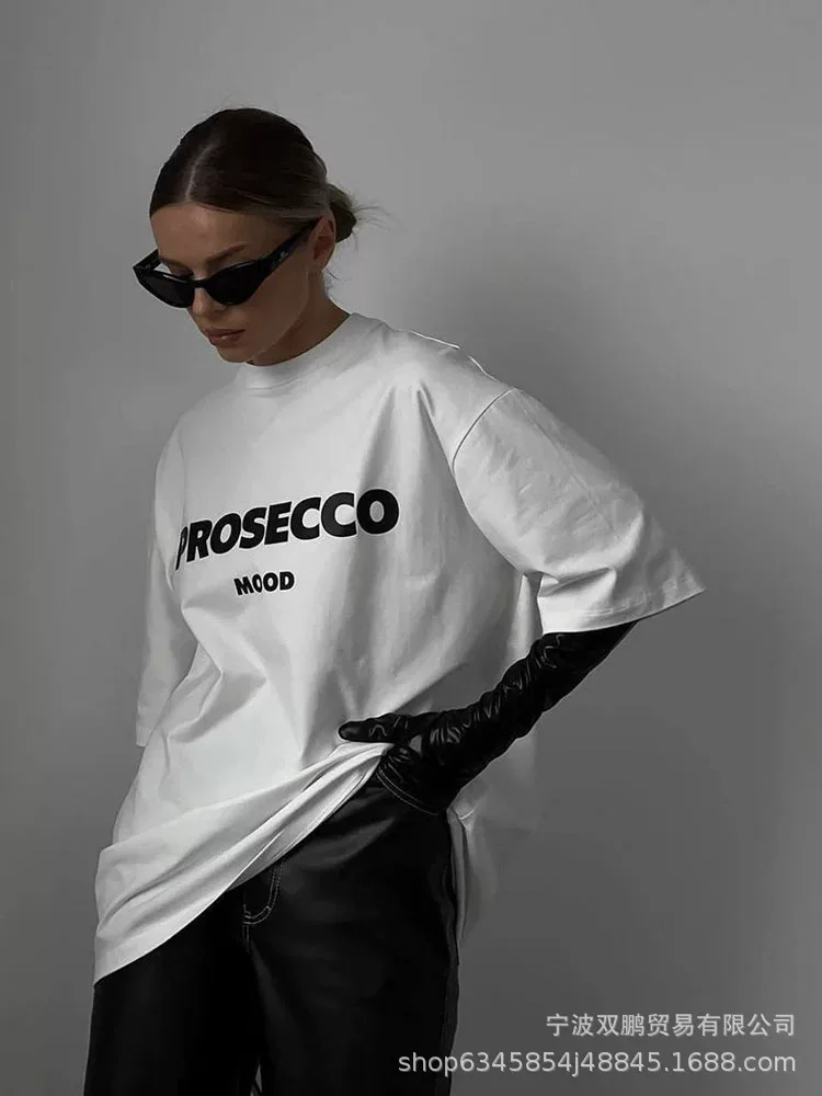 Womens Loose Fit Cotton T Shirt American Letter Print Round Neck Short Sleeve Casual Everyday We