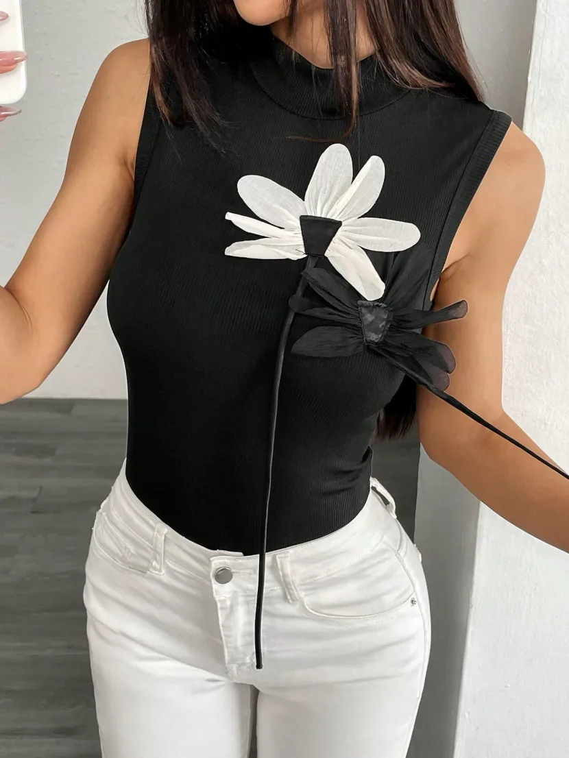 Knitted Floral Embellished Dress Slim Fit 3D Flower Design Elegant Style Perfect for Parties or