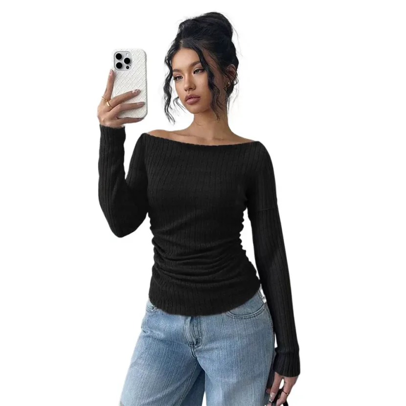 V Neck Long Sleeve Ribbed Knit Top Soft Fabric Slim Fit Solid Color Casual Wear for Women Wholes