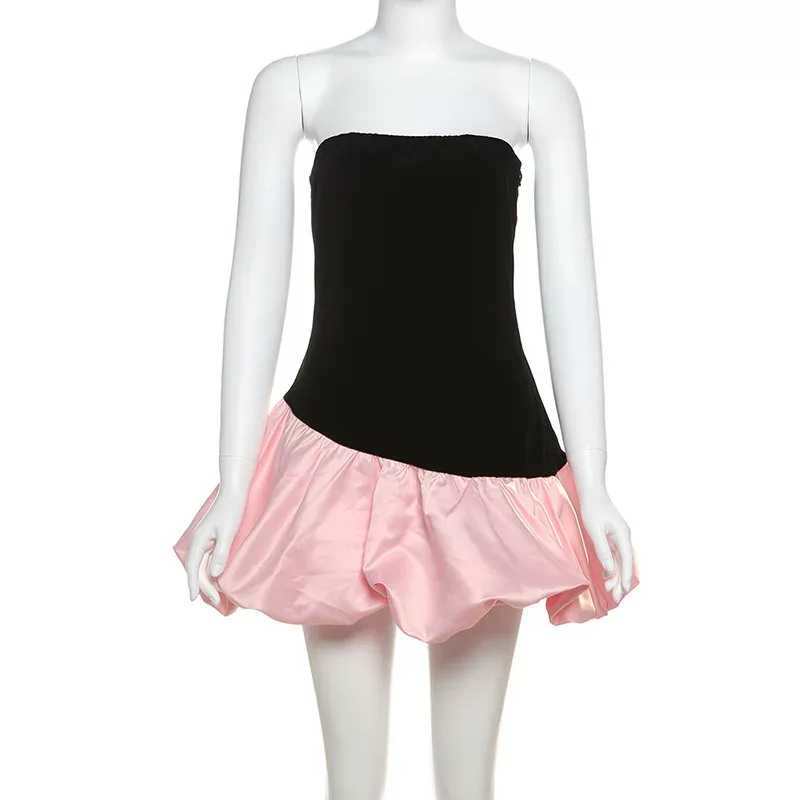 Chic Womens Strapless Color Block A Line Dress Sexy Backless Design Flattering Fit Perfect for A
