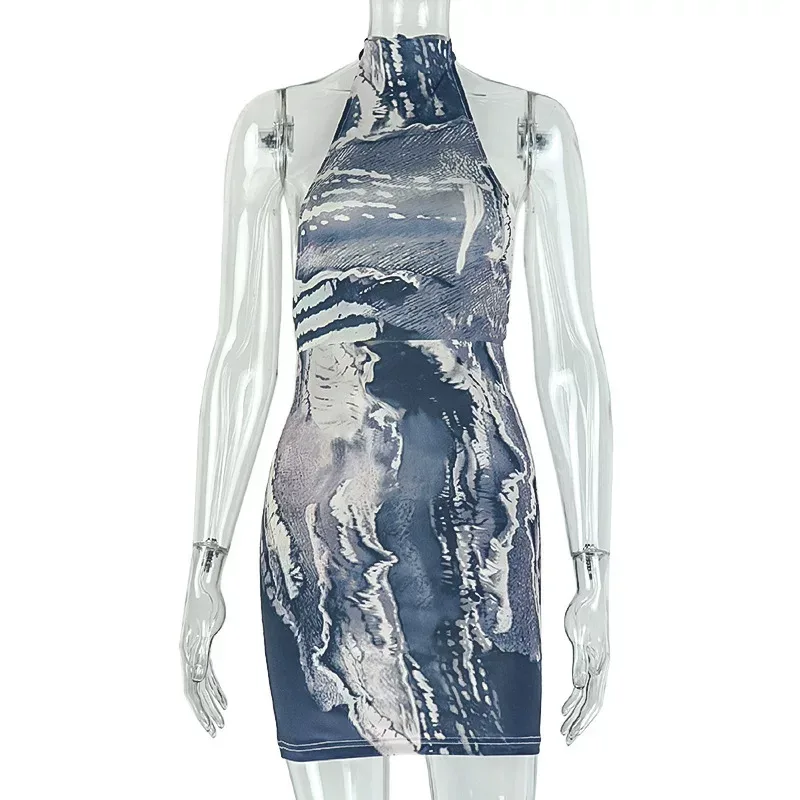 Sleeveless Floral Print Bodycon Dress Sexy Backless Design Color Block Style Trendy for Parties