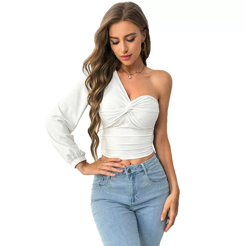 Unique Design Womens T Shirt Asymmetrical Cut Long Sleeve Casual Style Spring Summer Collection