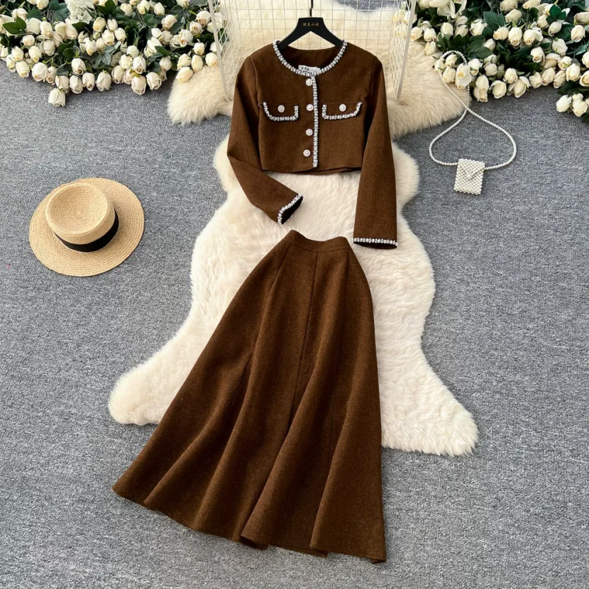 Two Piece Womens Set Cardigan with Metallic Buttons and High Waisted Skirt Autumn Fashion