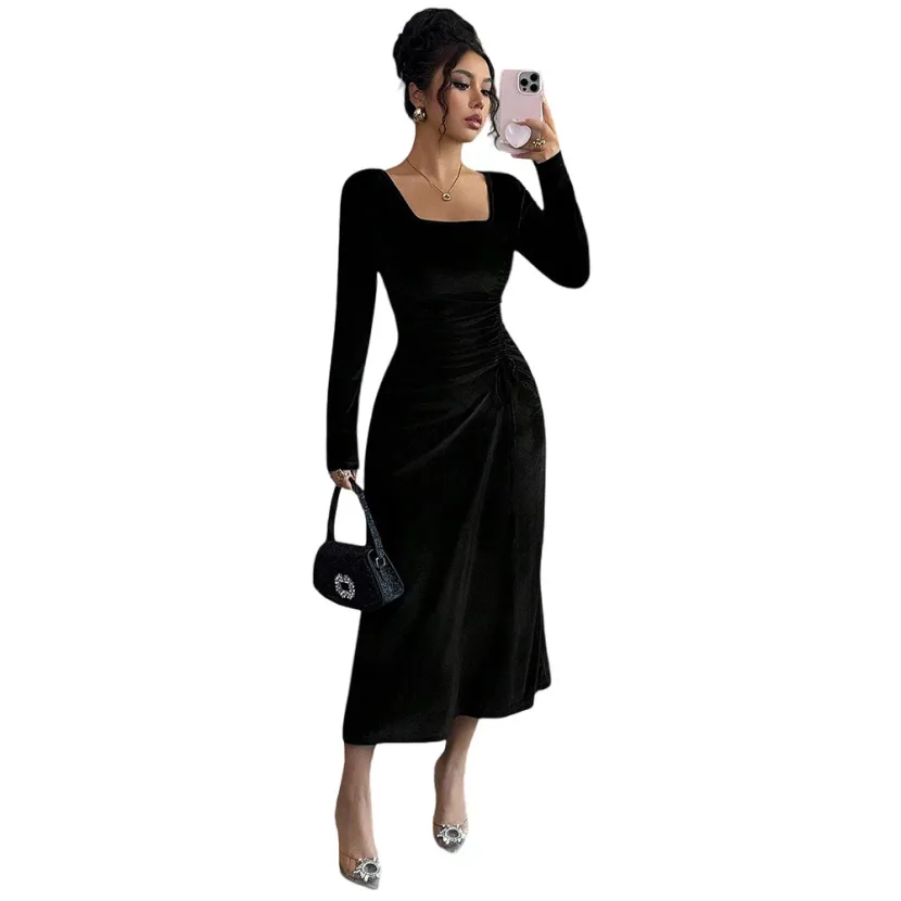 Black Velvet Long Dress Square Neck Side Waist Pleats Slim Fit Spring Summer Elegant for Dates a