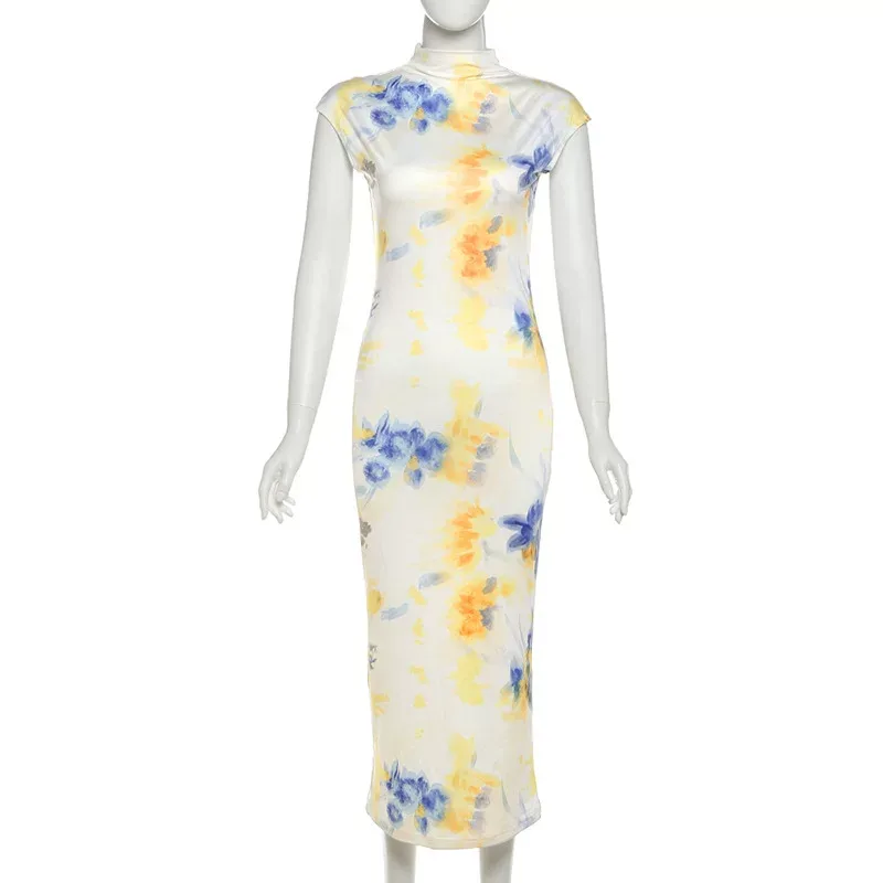 Elegant Floral Color Block Print Bodycon Dress Short Sleeve Half High Neck Spring Summer Fashion