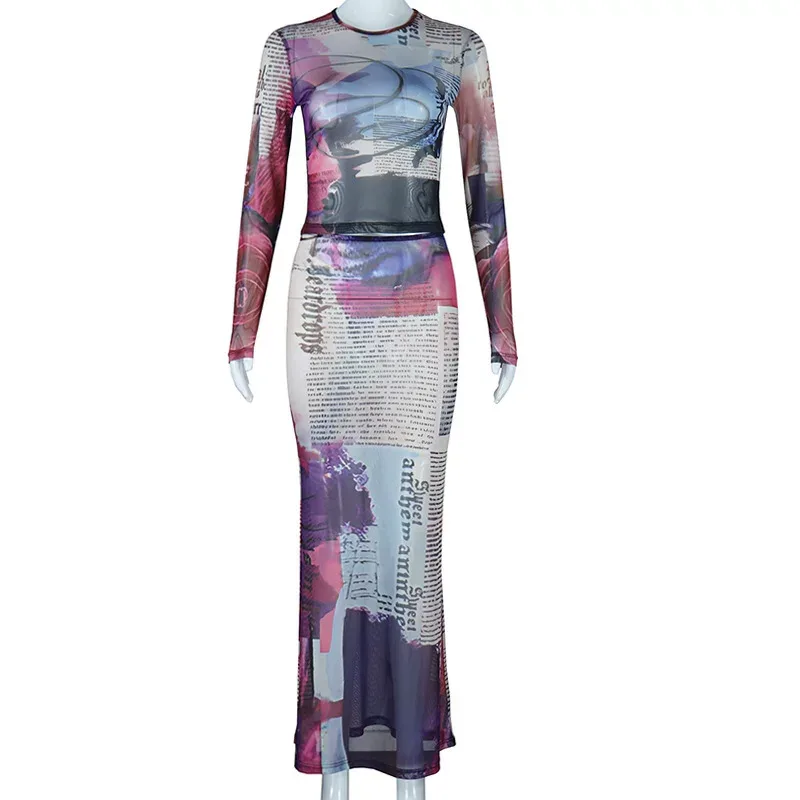Sheer Mesh Two Piece Set Round Neck Long Sleeve Floral Print Bodycon Skirt Fashionable for Parti