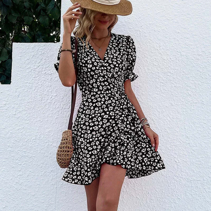 Floral Ruffle Hem Dress for Women Vintage Style Summer Casual Wear Available in Black Wholesale with Low MOQ
