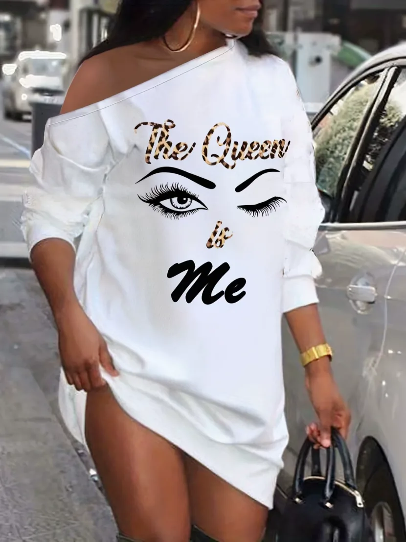 Printed Asymmetrical Shoulder Long Sleeve Dress Womens Casual Style Comfortable Fabric for Every
