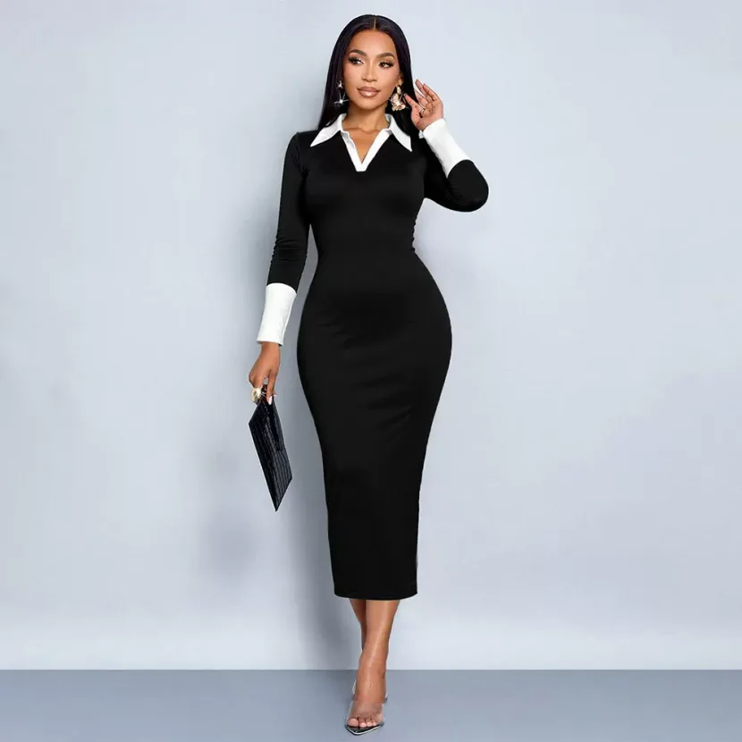 Elegant Mid Length Bodycon Dress Sexy V Neck Slim Fit Color Block Design Perfect for Parties and