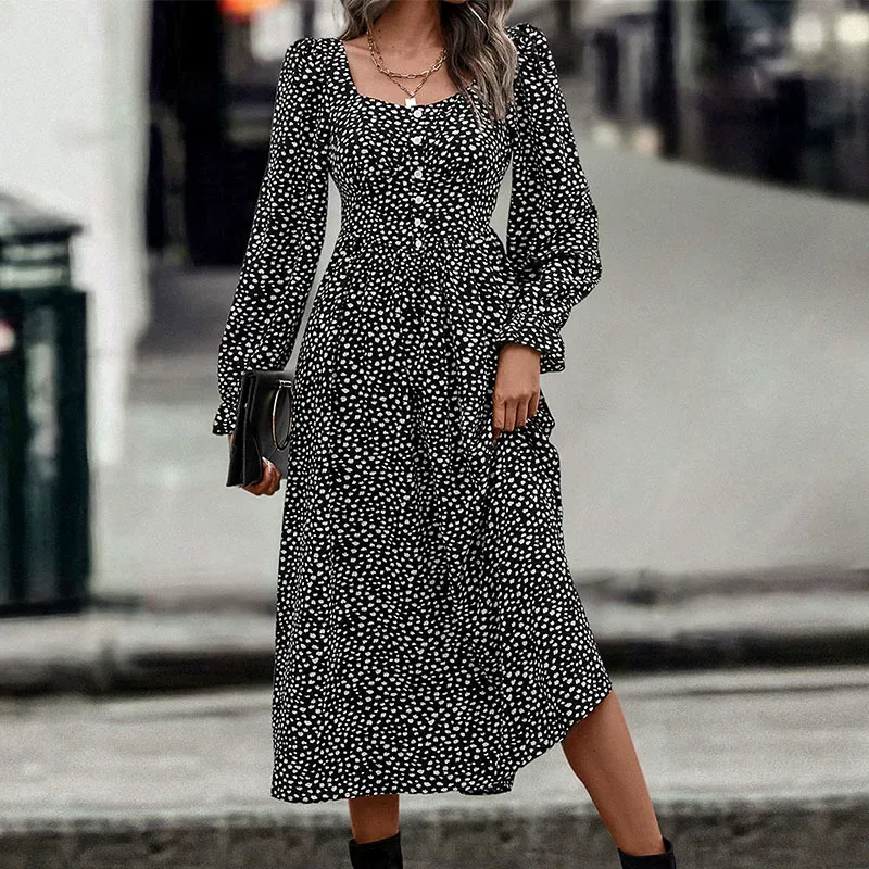 Fashionable Womens Dress Square Neck Polka Dot Print Autumn Style Perfect for Casual Outings Who