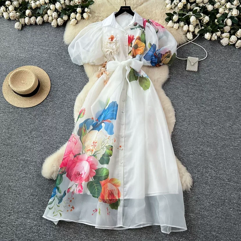 Elegant Womens Summer Dress with Floral Print Lantern Sleeves and Waist Tie in White Apricot and Blue for Casual Occasions