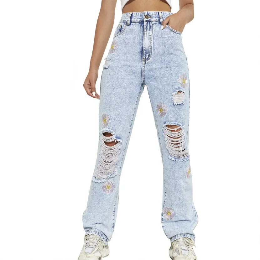 Slim Fit Ripped Straight Leg Jeans Womens Trendy Denim Casual Wear for Spring Summer Wholesale A