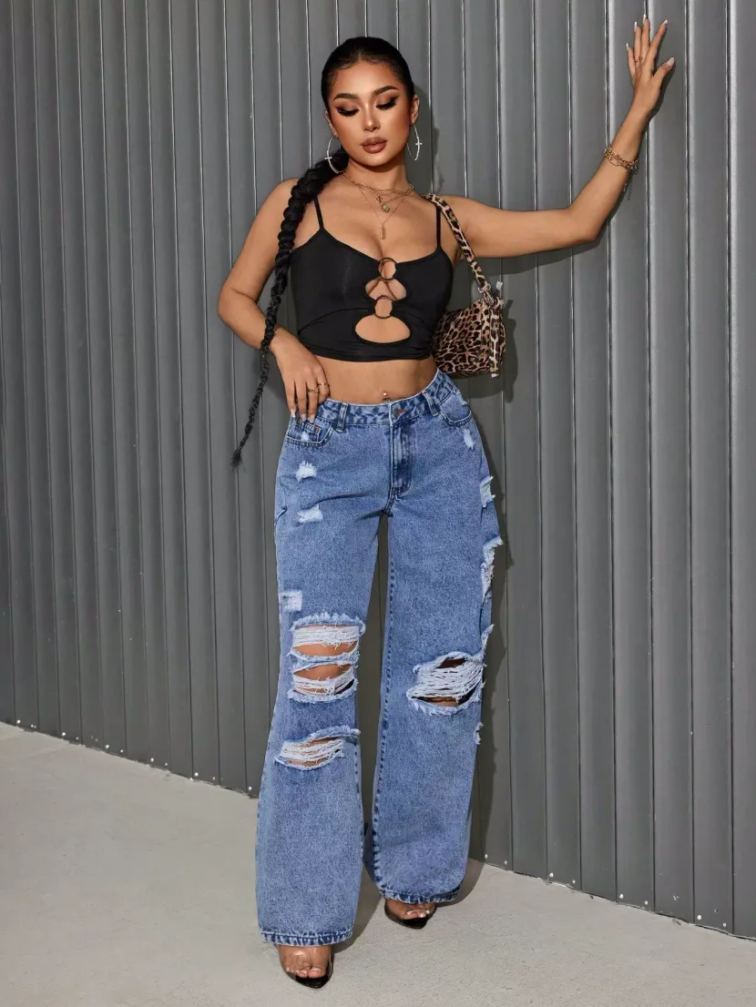 Womens Ripped Straight Leg Jeans Loose Fit Hip Hop Style Casual Wear Wholesale Available OEM ODM