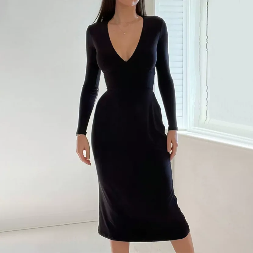 Womens V Neck Midi Dress Simple Solid Color Adjustable Waist Drawstring Spring Summer Casual Wea