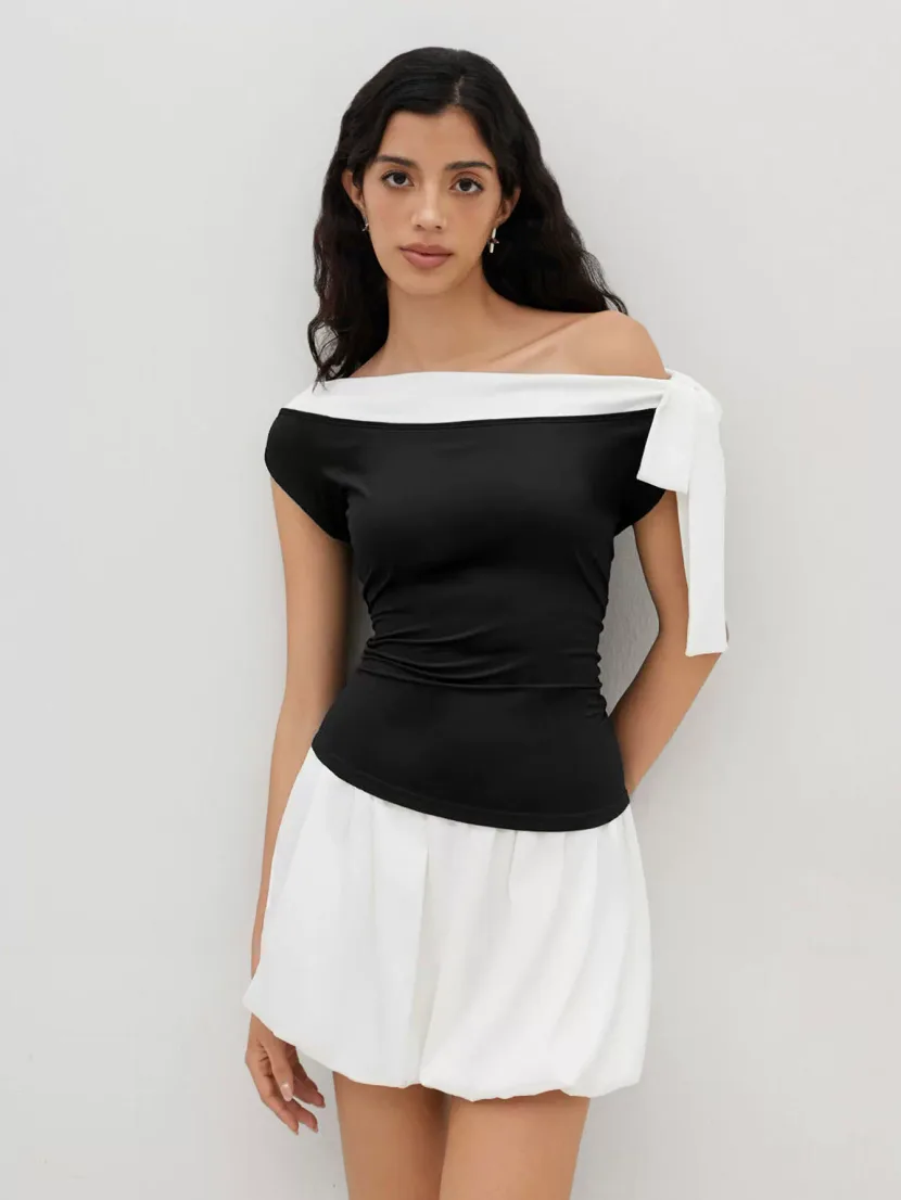 Elegant Black and White Color Block Sleeveless Top Slim Fit Off Shoulder Bow Tie Detail Perfect