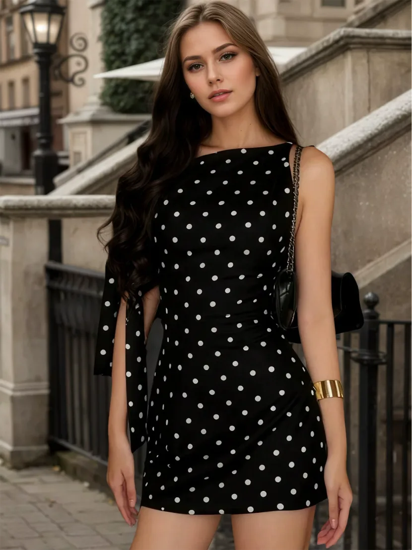 Polka Dot Sleeveless A Line Dress Slim Fit One Side Tie Off Shoulder Summer Casual Wear Wholesal