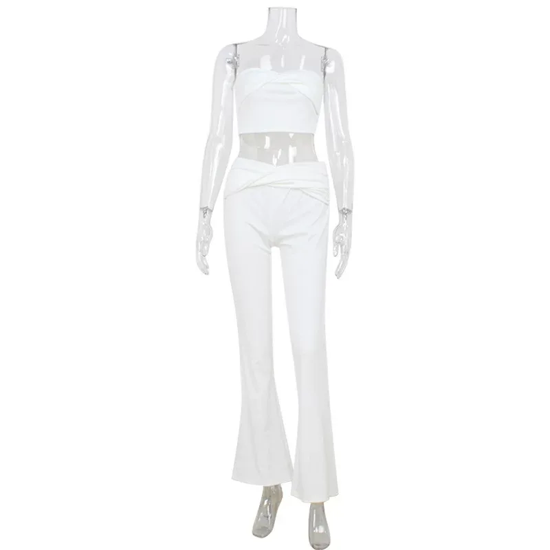 Chic Womens Two Piece Set Strapless Crop Top High Waisted Pants Stylish Form Fitting Solid Color