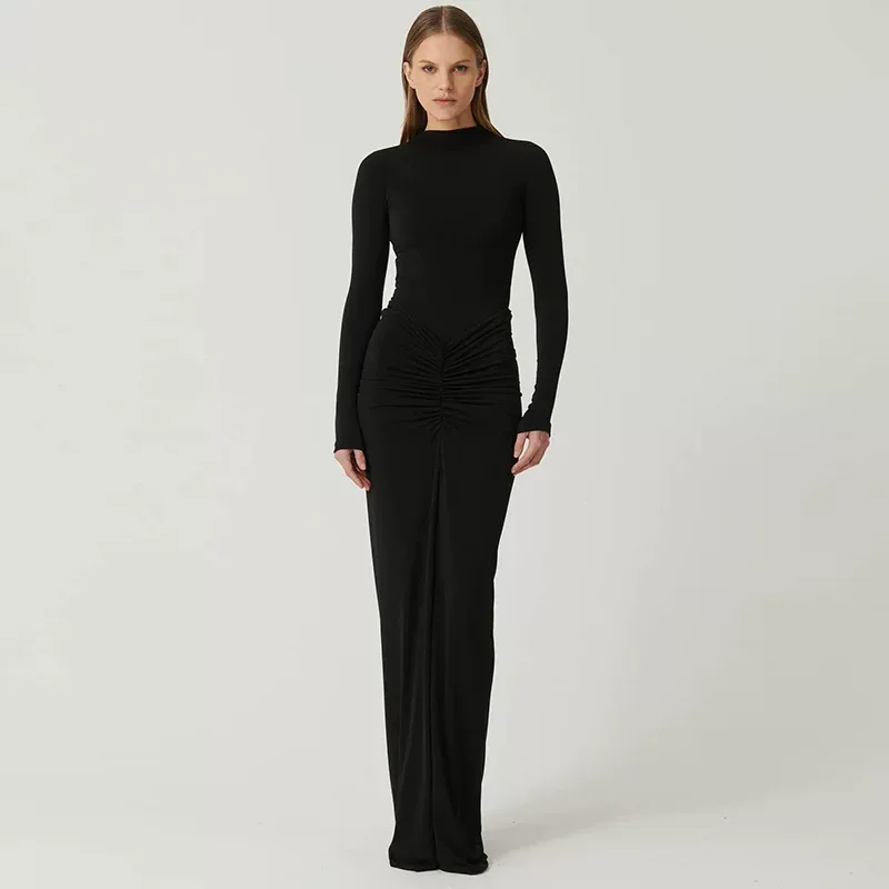 Elegant Solid Color Long Dress Slimming Fit Ruffled Design Perfect for Fall Winter Wholesale Ava
