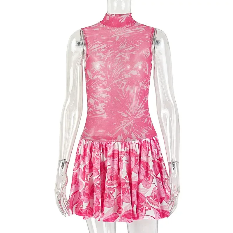 Color Block Printed A Line Dress Slim Fit High Neck Short Sleeve Casual Wear for Women OEM Avail