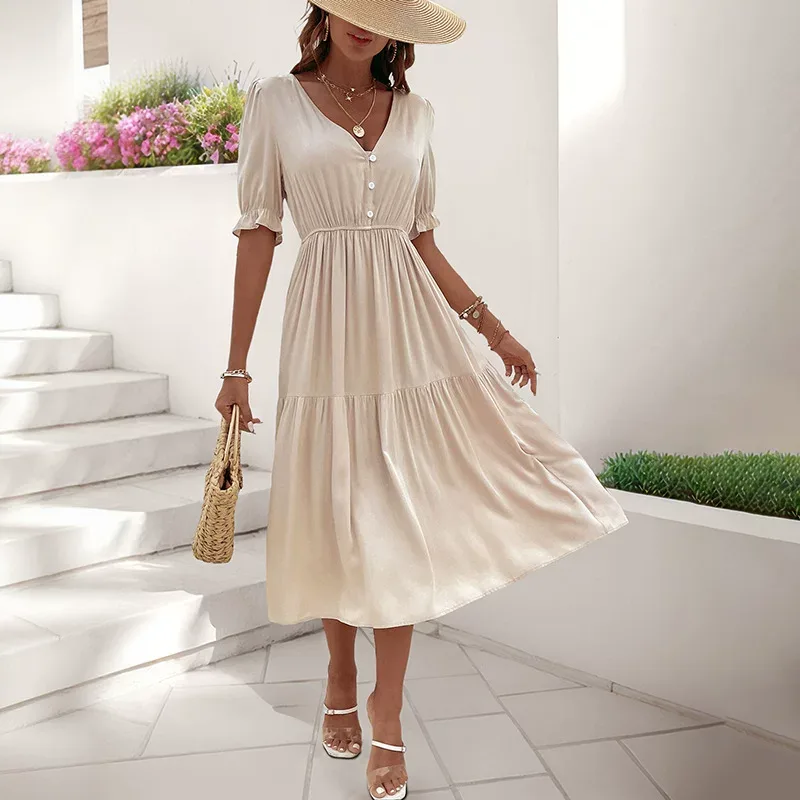 Casual Puff Sleeve V Neck Dress Simple Design Wrinkled Fabric Solid Color Perfect for Office Wea