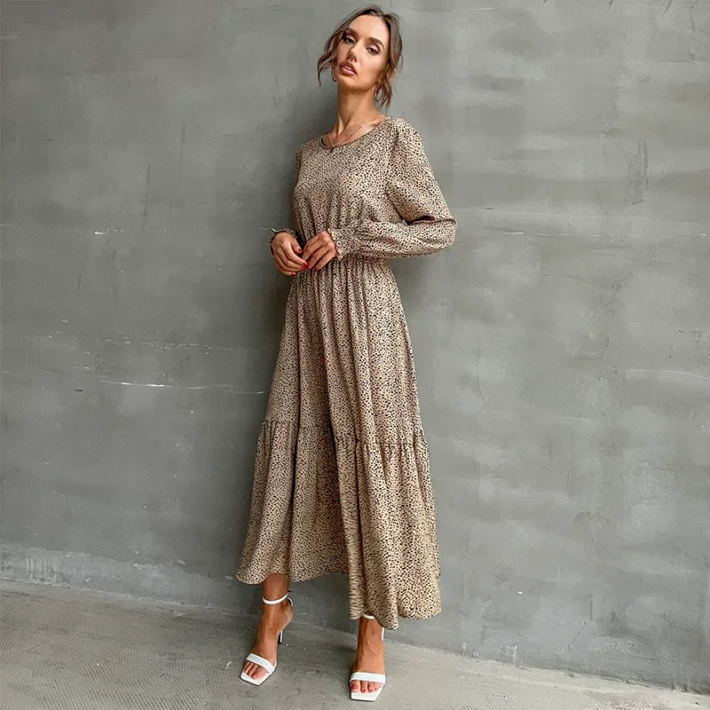 Leopard Print Long Sleeve Maxi Dress Round Neck Fashionable Autumn Winter Wholesale Available
