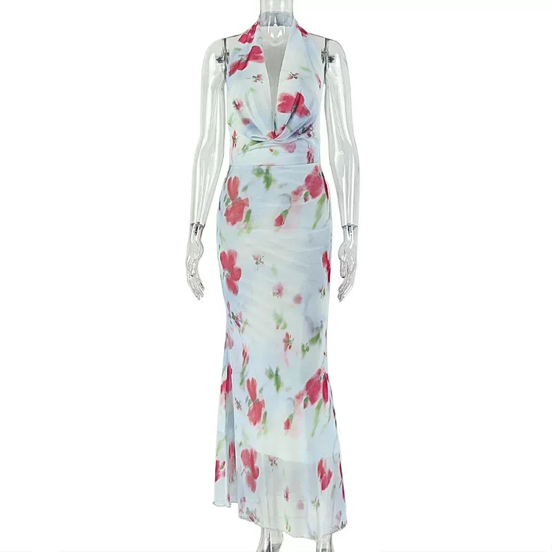 Casual Floral Print Maxi Dress Waist Defining Backless Elegant Style Perfect for Parties and Sum
