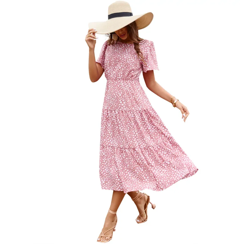 Floral Print Short Sleeve Dress Elegant Vacation Style Perfect for Summer Occasions Available fo