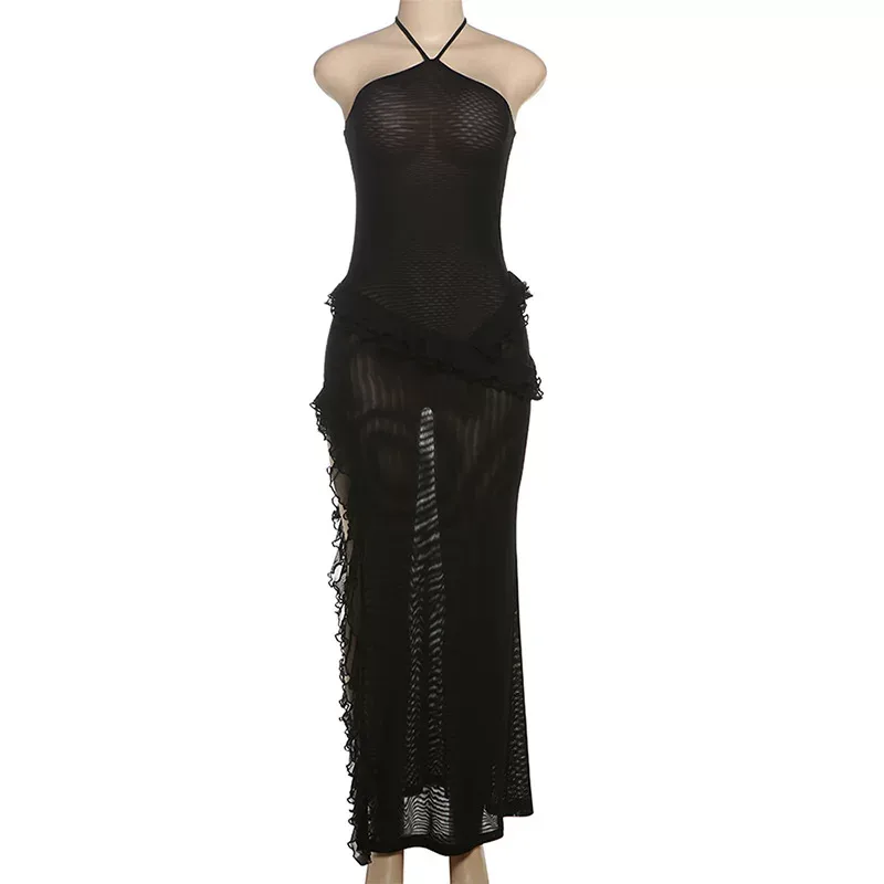 Summer Womens Dress Sexy Halter Neck Ruffled Trim Side Slit Design Perfect for Parties and Casua