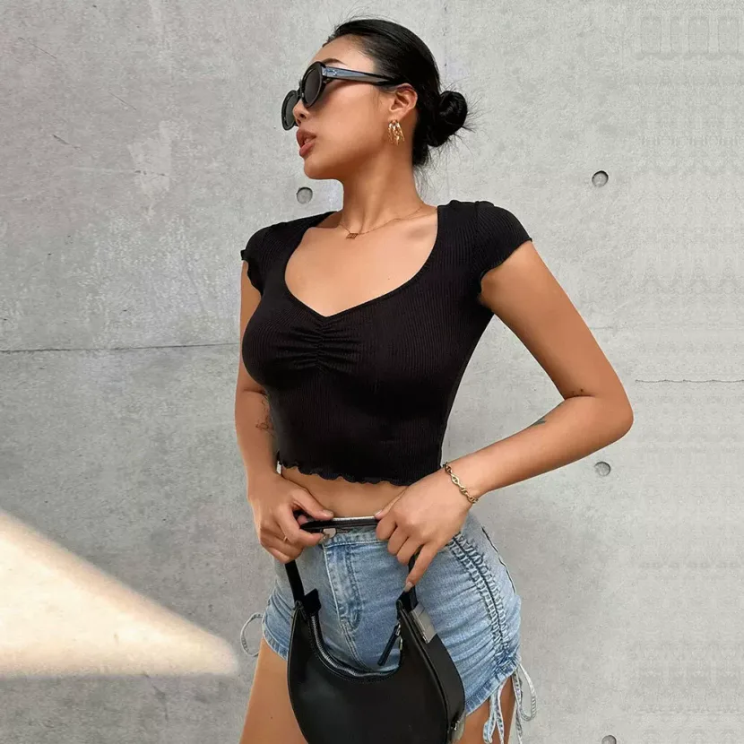 V Neck Ruched Slim Fit T Shirt Stretchy Cropped Solid Color Short Sleeve Summer Casual Wear Whol