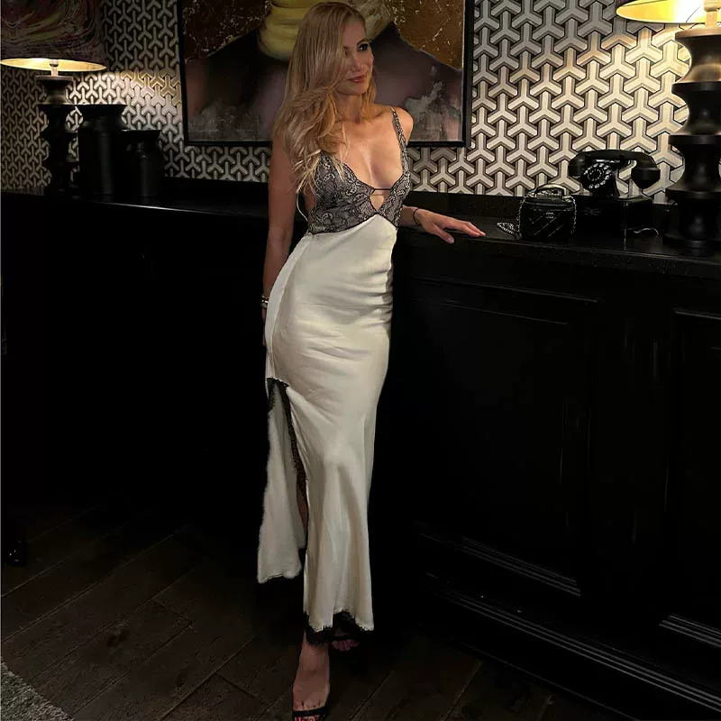 Lace Trimmed V Neck Maxi Dress Sleeveless High Slit Backless Elegant Evening Wear Wholesale Avai