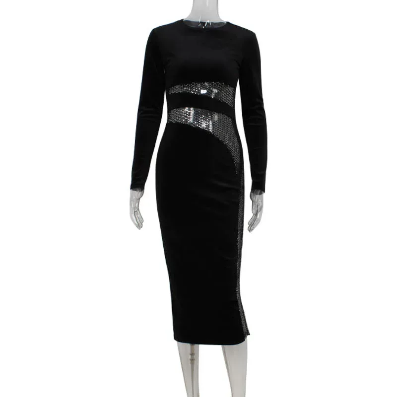 Velvet Bodycon Dress Sequin Patchwork Slim Fit Elegant Long Style Perfect for Autumn and Winter