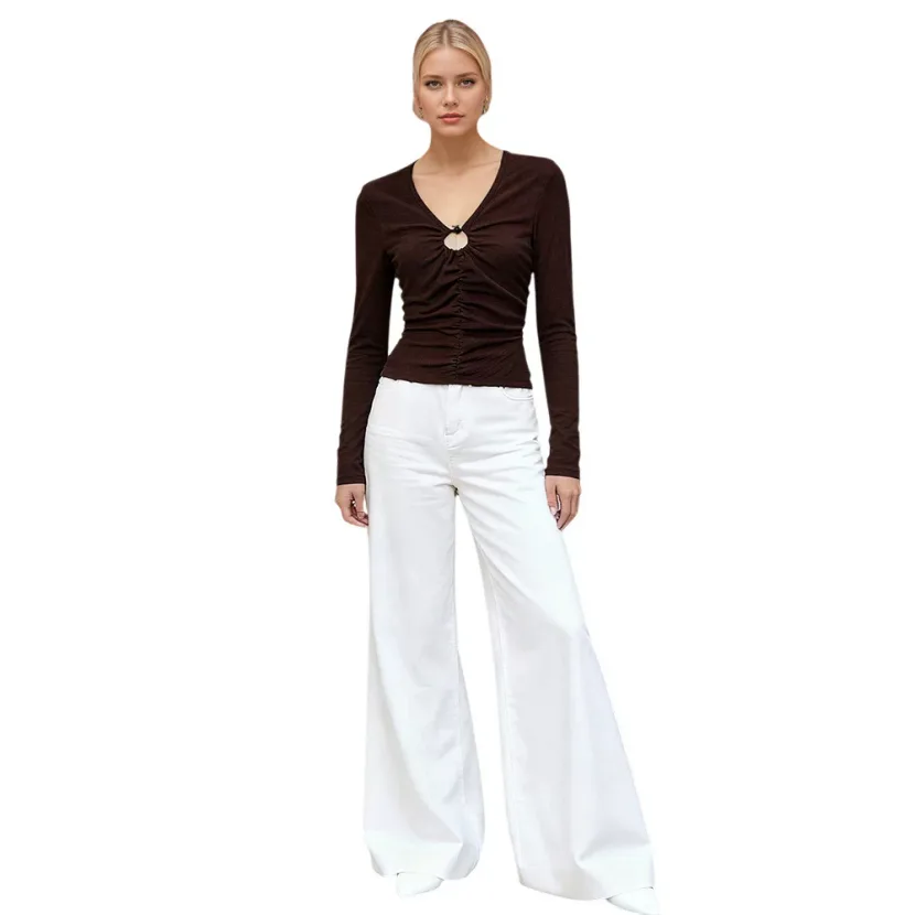 Vintage Brown V Neck Long Sleeve Top for Women Slim Fit Ruffled Design Knitted Fabric Perfect fo