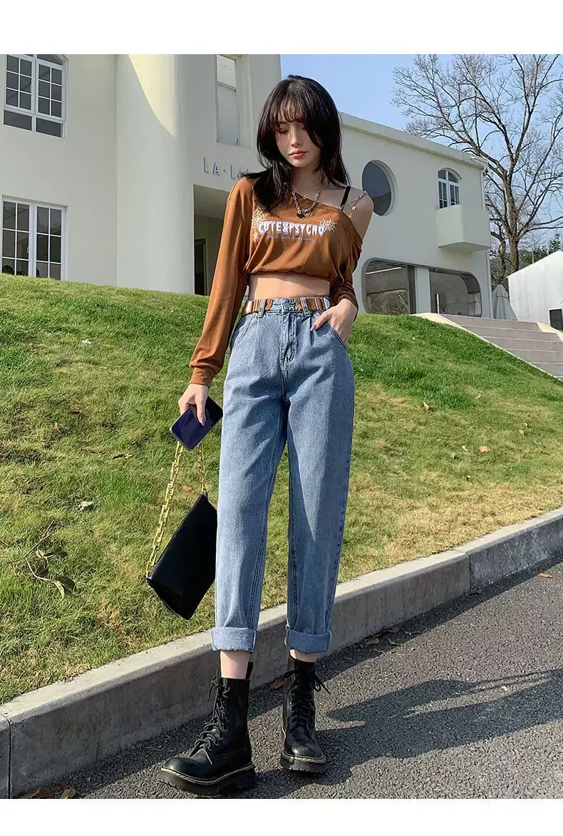 跨境哈伦牛仔裤女2023春装新款学生高腰宽松显瘦百搭萝卜老爹裤潮