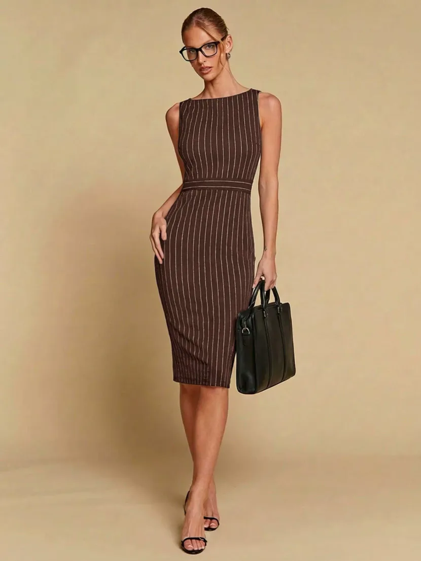 Fashionable Striped Bodycon Dress Sleeveless Waist Cinching Back Slit Mid Length Perfect for Par